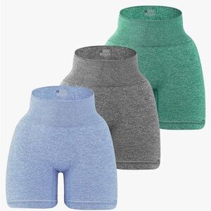 Set of Three High-Waisted Biker Shorts - Gray, Blue, Teal